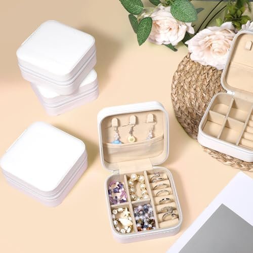 12 Pack Small Travel Jewelry Box Bridesmaid Proposal Gift Boxes Portable Mini Travel Jewelry Case PU Leather Earring Storage Box with Dividers for Women Girls Rings Necklace Earring Organizer, White - Image 4