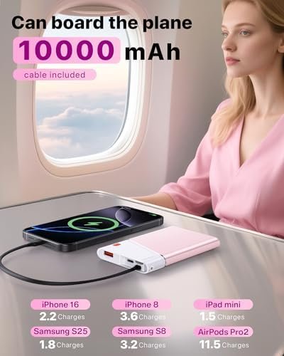 Portable Charger Power Bank, 10000mAh 22.5W PD Super Fast Charging Powerbank with Built-in USB C in&Out Cable, Slim External Phone Battery Pack for iPhone 17/16 Samsung S24 Android etc (Pink) - Image 4