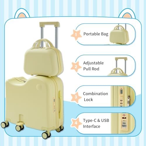 TABU Ride-on Luggage with Portable Bag for Kids，Hardshell Carry On Suitcase with Hidden Cup Holder, Foldable Pedal,Type-C & USB Interface, TSA Lock, 6-Spinner Wheels, Yellow - Image 4