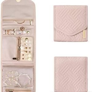 BAGSMART Travel Jewelry Organizer Case Foldable Small Jewelry Roll for Journey Rings, Necklaces, Earrings, Bracelets,Mini,Soft Pink