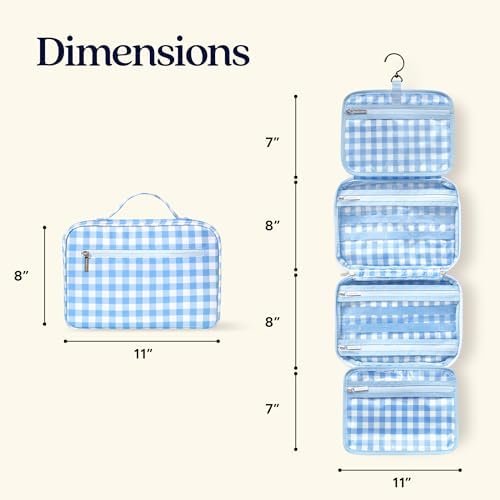 VANDEL Waterproof Hanging Toiletry Bag for Travelling, Hanging Makeup Organizer Bag, Cosmetic Travel Bags for Women, Makeup Case Toiletries Organizer Hygiene Bathroom Shower Caddy - Blue Gingham - Image 7