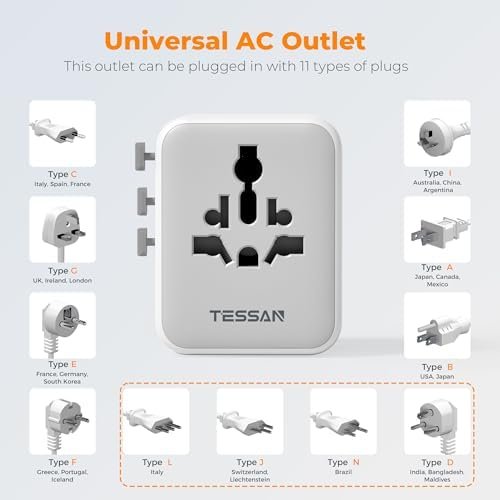 TESSAN Universal Travel Adapter 28W, International Power Adapter with 3 USB C 2 USB A Charging Ports, Worldwide Plug Adaptor for US to European UK Italy Ireland New Zealand (Type C G A I) - Image 6
