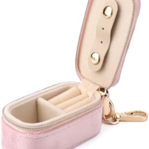 Mini Jewelry Box, Jewellery Travel Case Small Partitioned Earrings Box 2-in-1 Ring Holder Keychain Organizer for Storing Ring Necklace Pendants Women (Pink)