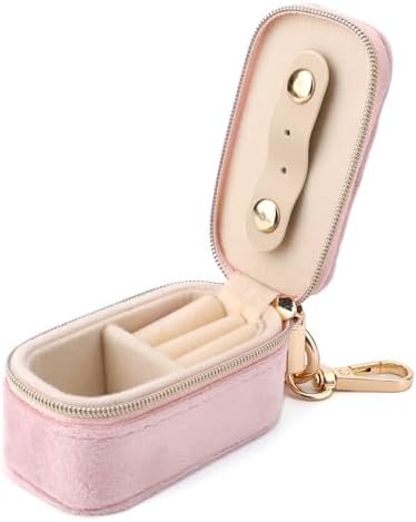 Mini Jewelry Box, Jewellery Travel Case Small Partitioned Earrings Box 2-in-1 Ring Holder Keychain Organizer for Storing Ring Necklace Pendants Women (Pink)