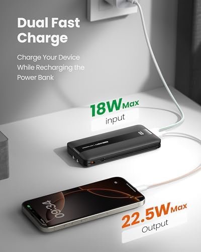 Portable Charger with Wall Plug, Fast Charging Power Bank Built-in Cables, Slim 10500mAh 22.5W 4 Outputs 3 Inputs LED Display External Battery Pack Compatible with iPhone/Android (Black) - Image 3