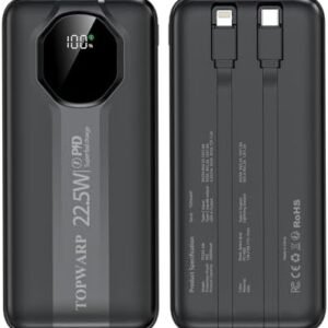 Power Bank, 20000mha Portable Charger with 4 Built-in Output Channels 2 Output Cables, PD22.5W and QC3.0 Fast Charger Power Bank, Compatible Android Phones Most Electronic Devices Black