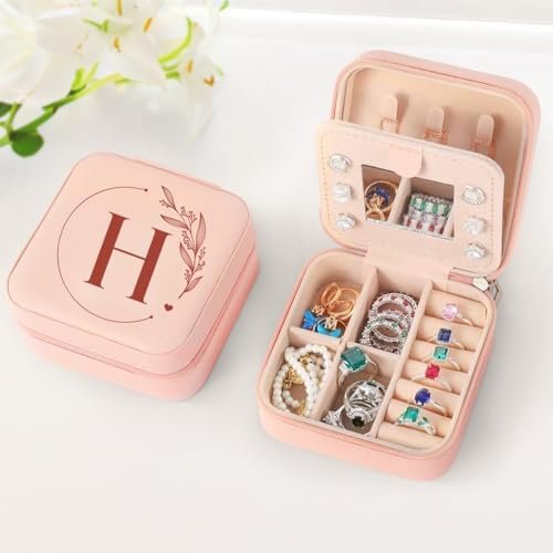 SANDJEST Personalized Jewelry Box, Pink Small Travel Jewelry Box with Initial H, Monogrammed Jewelry Case Organizer for Girls Women Teen, Mini Travel Essentials Gifts for Christmas Birthday - Image 5