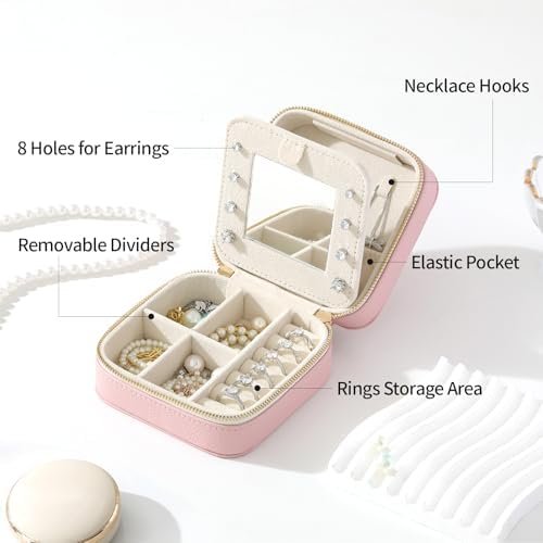 Genuine Leather Travel Jewelry Organizer Case with Mirror for Women, Small Mini Portable Jewelry Box for Ring Earrings Necklace Bracelet Luxury Gift for Women(Brown) - Image 5