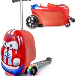 Kiddietotes 3-D Hardside Scooter Ride On Suitcase for Kids - Cute Lightweight Kids Luggage with Wheels - Fun LED Lights
