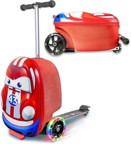Kiddietotes 3-D Hardside Scooter Ride On Suitcase for Kids - Cute Lightweight Kids Luggage with Wheels - Fun LED Lights