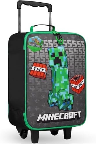 Minecraft Kids Luggage with Wheels Foldable Rolling Suitcase Creeper Travel Bag Vacation Weekend Trips Travel Essentials (L18.1inch x W11.8inch - 15L, Black)