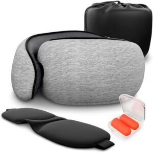 Traveling Neck Pillow – 4-in-1 Set | Adjustable Memory Foam Airline Pillows for Sleeping on Long Flights, Earplugs, Eye Mask, & Cover | Washable Cotton Cover, Hook-and-Loop Closure – Car and Train Use