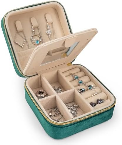 Velvet Jewelry Box Travel Jewelry Organizer with Mirror Soft Plush Case for Necklaces, Earrings, Bracelets & Rings Gift for Women, Girlfriend, Mom or Best Friend (Soft Velvet - dark green) - Image 3