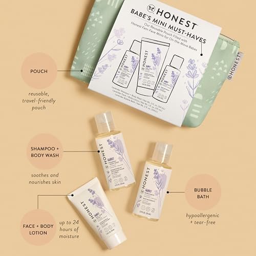 The Honest Company Babe's Mini Must Haves Gift Set Travel Size Hypoallergenic Lavender Bathtime Essentials Shampoo Body Wash (2 fl oz) Face Lotion (1 Bubble Bath - Image 2