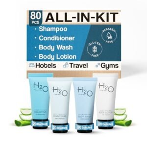 H2O Therapy Hotel Soaps & Toiletries Bulk Set | 1-Shoppe Amenities Kit | 0.85oz Shampoo & Conditioner, Body Wash, Lotion | Travel Size | 80 Pieces