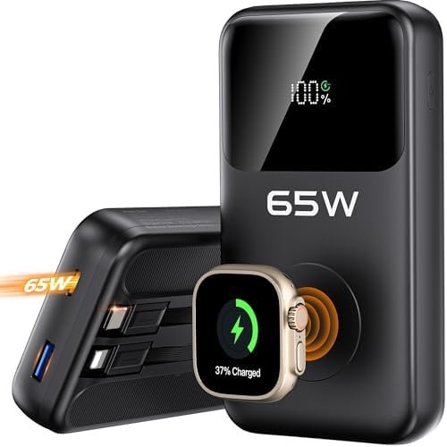 PANDUK Power Bank 20000mAh 65W Laptop Portable Charger for Apple Watch Built-in Cables, USB C Fast Charging Battery Pack LED Display, Travel Essentials for MacBook iPad Tablet iPhone 17 Galaxy S25