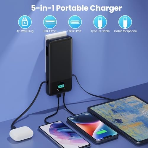 Portable Charger 33800mAh USB C Power Bank with Built-in Cables & AC Wall Plug,25W Fast Charging+QC 4.0 Phone Charger,4 Output Travel Essentials Battery Pack for iPhone16/15/14/13,Samsung,Android etc - Image 3