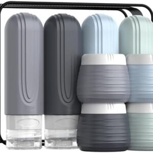 Travel Bottles for Toiletries 8 Pack, TSA Approved Travel Size Toiletries Containers Set, 4 Silicone Leak Proof Refillable Bottles and 4 Creams Jars Accessories Kit W/Clear Bag (GRAY)
