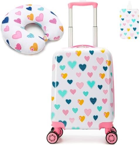Kid's Luggage Set 2 Piece Suitcase Set Hardside Luggage with Spinner Wheels Girls Carry on Toddler Travel Rolling Suitcase with Neck Pillow Airline Approved