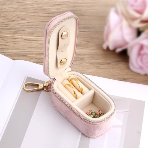 Mini Jewelry Box, Jewellery Travel Case Small Partitioned Earrings Box 2-in-1 Ring Holder Keychain Organizer for Storing Ring Necklace Pendants Women (Pink) - Image 4
