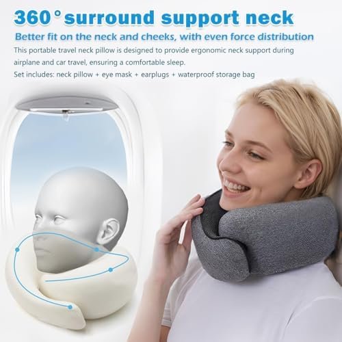 Travel Neck Pillow for Airplane, Adults Memory Foam Neck Pillow, Ergonomic 360° Neck Support for Airplane Car Travel Home Office Sleep, Packable Compact Portable Turtle Pillows（Grey） - Image 4