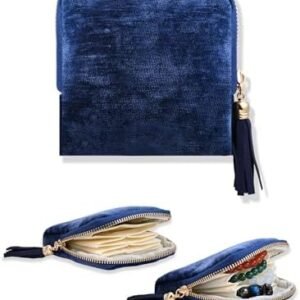 Small Travel Jewelry Case for Women 6-Layer Velvet Jewelry Organizer Storage Bag with Tassel for Bracelet Rings Earrings Navy Blue