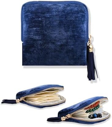 Small Travel Jewelry Case for Women 6-Layer Velvet Jewelry Organizer Storage Bag with Tassel for Bracelet Rings Earrings Navy Blue