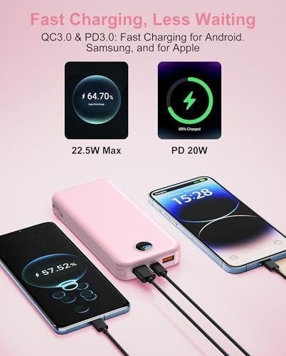 Portable Charger, 12000mAh 22.5W Fast Charging Power Bank with Built-in Cables & Wall Plug, External Battery Pack with LED Display, Travel Essentials Battery Bank for iPhone, iPad, Samsung Fairy Pink - Image 3
