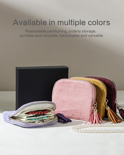 Valentine‘s Day Gifts for Wife Girlfriend, Small Travel Jewelry Case, Jewelry Pouch Bags, Travel Gifts for Women, Mini Travel Jewelry Bag for Bracelet Rings Earrings - Chenille Velvet Pink - Image 7