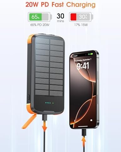 Solar Charger Power Bank, PD 20W Fast Charging External Batter, 40000mAh Portable Phone Charger Built in 4 Cables with Dual Bright Flashlights for Camping, Hiking, and Outdoor Use - Image 4