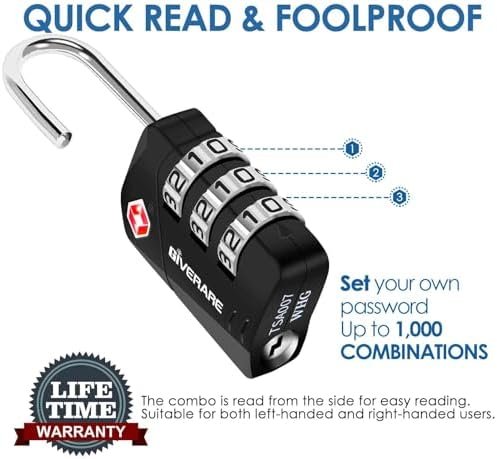 2 Pack TSA Approved Travel Luggage Locks, Metal Combination Lock, Alloy Keyless 3-Digit Padlocks, TSA Accepted Compatible Padlock for Gym Locker, Golf Bag Case, Backpack, Black-by GIVERARE - Image 4