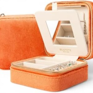 BLUTETE Travel Jewelry Box Organizer Velvet Travel Case With Mirror Rings Earrings Necklaces Storage Organizer Box (Orange)