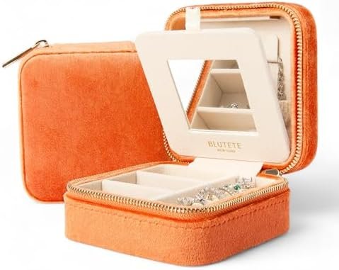BLUTETE Travel Jewelry Box Organizer Velvet Travel Case With Mirror Rings Earrings Necklaces Storage Organizer Box (Orange)