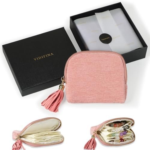 Valentine‘s Day Gifts for Wife Girlfriend, Small Travel Jewelry Case, Jewelry Pouch Bags, Travel Gifts for Women, Mini Travel Jewelry Bag for Bracelet Rings Earrings - Chenille Velvet Pink