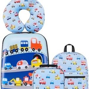 VEVOR Kids Luggage Set, 5 Piece, 18 Inch Hardside Rolling Wheels Suitcase with Backpack & U-shape Pillow, Truck Kids Carry on Luggage Set, Holiday Birthday Gift for Girls Boys, Airline Approved