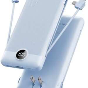 VRURC Portable Charger Built-in Cables and AC Wall Plug, USB C Power Bank 10000mAh, Travel Essentials Phone Charger Compact Lightweight External Battery Pack for Smart Phones, Tablets etc-Blue