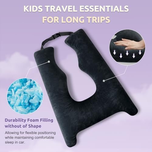 Car Pillow for Kids, Travel Pillow with Adjustable Strap, U-Shaped Pillow for Adults and Children to Support Head and Body Road Trip Essentials (Dark Grey) - Image 5
