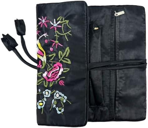 Wei Long Jewelry Roll, Travel Jewelry Roll Bag,Silk Embroidery Brocade Jewelry Organizer Case with Tie Close (Blossom, Black) - Image 2