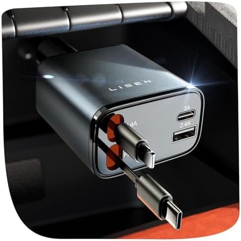 LISEN Retractable Car Charger, Birthday Gifts for Men Tech Gadgets 2026, 69W Cars Adapter USB C Fast Charger for iPhone 17, Car Accessories for Men Women Drivers, for iPhone 17 Pro Max Air 16 15 14 13