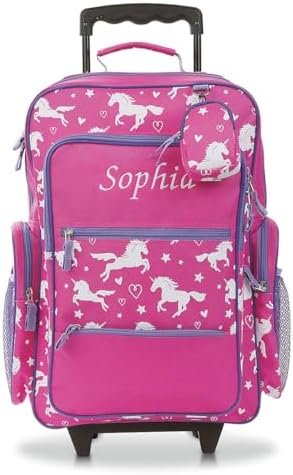 Lillian Vernon Personalized Unicorn Kids Suitcases for Girls, 5-Pocket Rolling Luggage Set, Customizable Travel Carrier on Wheels