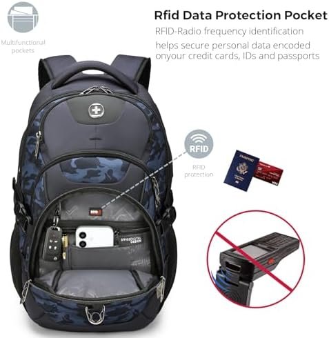 Swissdigital Design Laptop Backpack with USB Charging Port, Travel Backpack Fits 15.6 inches Computer, 31L College School Backpack for Men, Blue Camo | SD803-92 - Image 3
