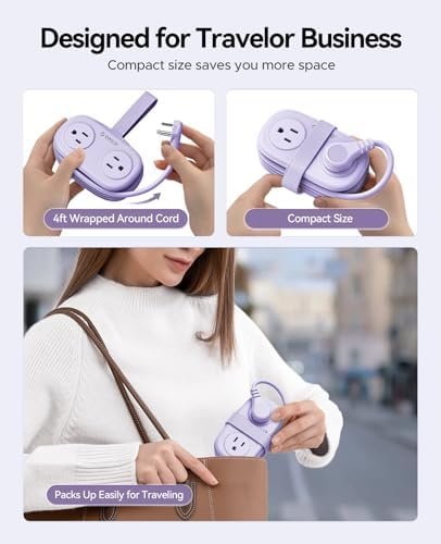 ORICO 4FT Purple Travel Power Strip with 4 AC Outlets, 2 USB-A Ports, and 1 USB-C Port, 45° Flat Plug Extension Cord with Non Surge Protector for Travel/Home/Dorm/Office-AP3 - Image 2