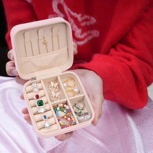 ETHOON Jewelry Travel Case Small Organizer Stocking Box Personalized Gifts Teenage Jewelry Accessories Holiday Wedding Christmas Gift for Women Pink, Letter B - Image 4