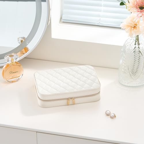 Lolalet Travel Jewelry Case for Women Girls, Travel Jewelry Organizer Box with Mirror & Clear Storage Bag, Small Portable Earring Necklace Bracelet Ring Case, Birthday Christmas Gifts -Medium, White - Image 7