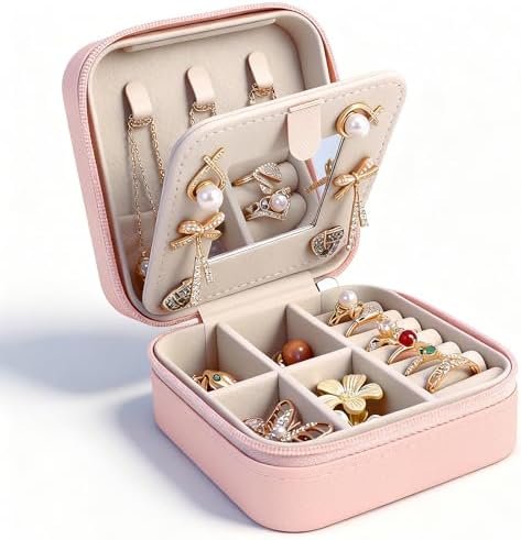 Travel Jewelry Case and Organizer with Mirror,Portable Mini Storage Box for Rings, Earrings, Necklaces, Gift for Mother Mom, Girl, Daughter, Sisters, Bridesmaids, Mother's Day Gift