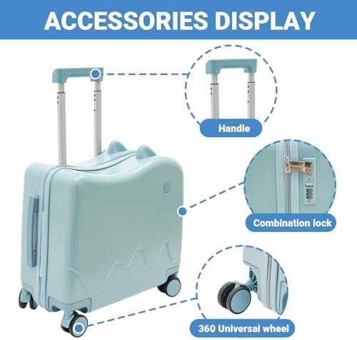 Bitodd 18" Kids Riding Suitcase, Rectangular Kids Luggage, Travel Trolley Case, Freestanding Rolling Luggage with Lock for Short Trips, School Trips, Outings (Azure Blue) - Image 3
