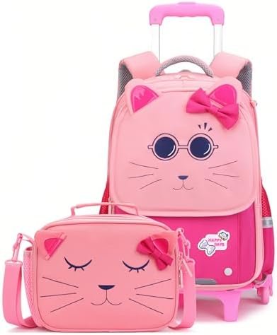 2Pcs Girls Rolling Backpack, Cute Cat Face Kids School Bag Bookbag Roller Backpack for Girls with 6 Wheels, 2Pcs-Rose