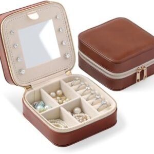 Genuine Leather Travel Jewelry Organizer Case with Mirror for Women, Small Mini Portable Jewelry Box for Ring Earrings Necklace Bracelet Luxury Gift for Women（Brown）