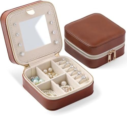 Genuine Leather Travel Jewelry Organizer Case with Mirror for Women, Small Mini Portable Jewelry Box for Ring Earrings Necklace Bracelet Luxury Gift for Women(Brown)