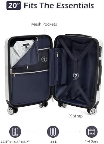 Coolife Carry On Luggage, Suitcase with Durable and Lightweight, carry on suitcase with PC+ABS Hardshell, Dual Spinner Wheels, TSA Lock, and YKK Zipper (white grid new, S(20in)_carry on) - Image 7